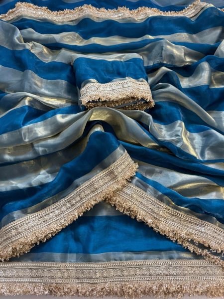 Sleek Blue Fandy Satin Silk Saree with All Over Lace Border For Royal look