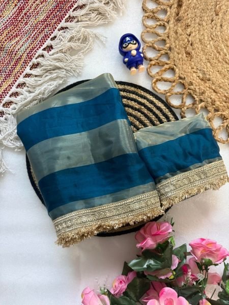 Sleek Blue Fandy Satin Silk Saree with All Over Lace Border For Royal look Silk Sarees Wholesale