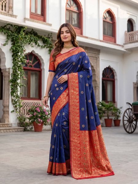 Sleek Blue Soft Lichi Silk Saree with Designer Jacquard Border Blouse For Party 