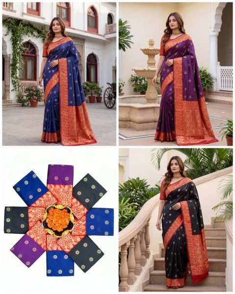Sleek Blue Soft Lichi Silk Saree with Designer Jacquard Border Blouse For Party Silk Sarees Wholesale