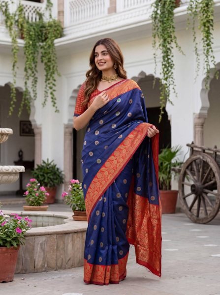 Sleek Blue Soft Lichi Silk Saree with Designer Jacquard Border Blouse For Party Silk Sarees Wholesale