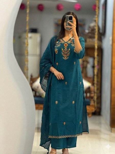 Sleek Blue Trendy Summer Kurti Pant Set with Dupatta for Daily Ethnic Wear Kurtis