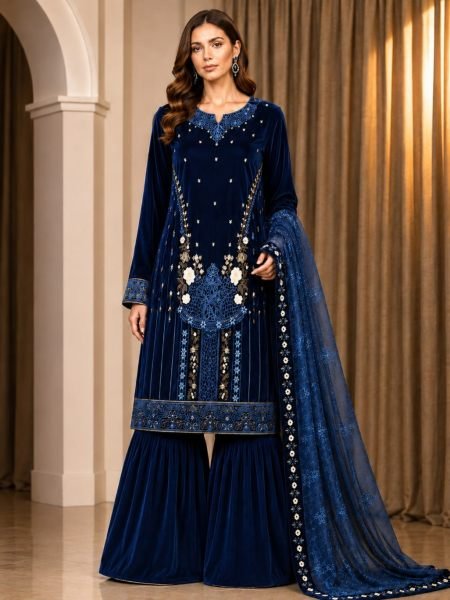 Sleek Blue Velvet Suit Set with Embroidered Sequins Dupatta at Wholesale Rate 