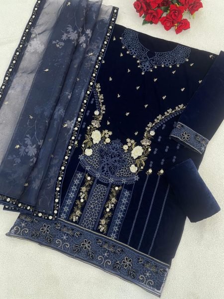 Sleek Blue Velvet Suit Set with Embroidered Sequins Dupatta at Wholesale Rate Sharara Set
