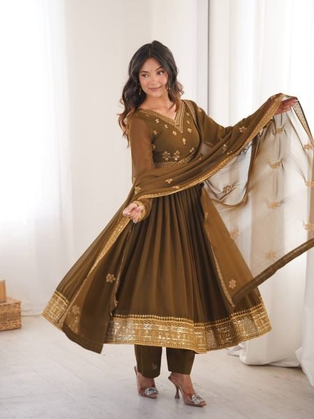 Sleek Brown Designer Faux Georgette Anarkali Suit with Pant and Dupatta for Festival 