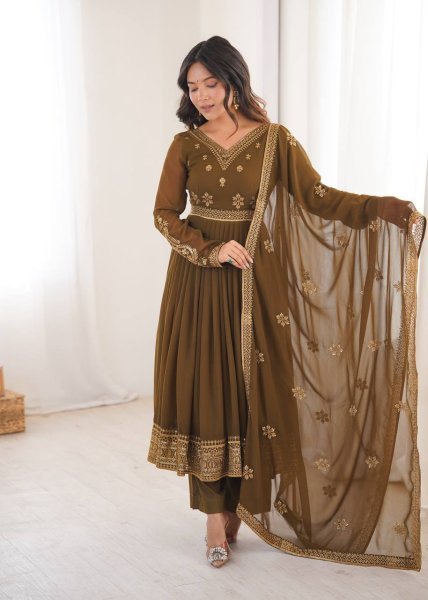 Sleek Brown Designer Faux Georgette Anarkali Suit with Pant and Dupatta for Festival Ready To Wear Collection