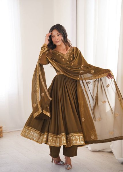 Sleek Brown Designer Faux Georgette Anarkali Suit with Pant and Dupatta for Festival Ready To Wear Collection