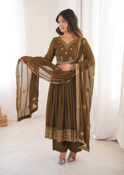 Sleek Brown Designer Faux Georgette Anarkali Suit with Pant and Dupatta for Festival Ready To Wear Collection