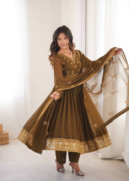 Sleek Brown Designer Faux Georgette Anarkali Suit with Pant and Dupatta for Festival Ready To Wear Collection