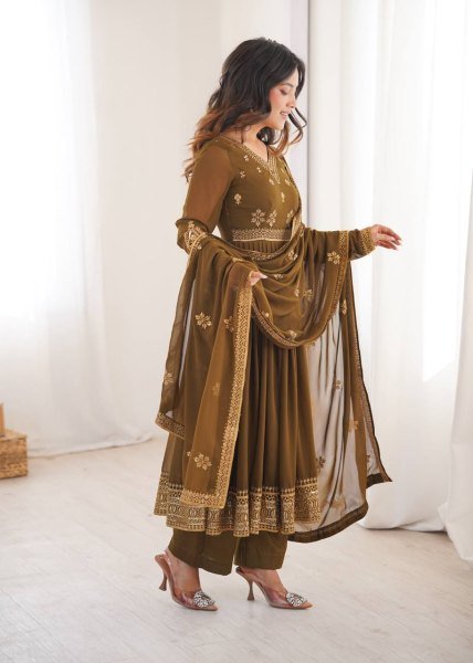 Sleek Brown Designer Faux Georgette Anarkali Suit with Pant and Dupatta for Festival Ready To Wear Collection