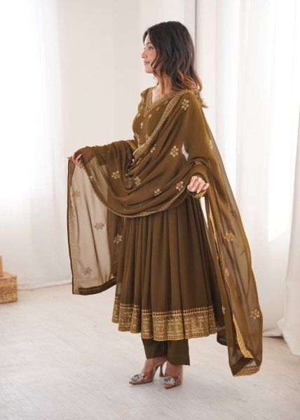 Sleek Brown Designer Faux Georgette Anarkali Suit with Pant and Dupatta for Festival Ready To Wear Collection