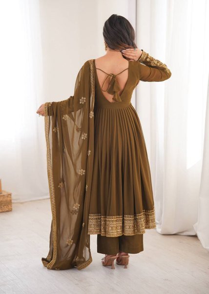 Sleek Brown Designer Faux Georgette Anarkali Suit with Pant and Dupatta for Festival Ready To Wear Collection