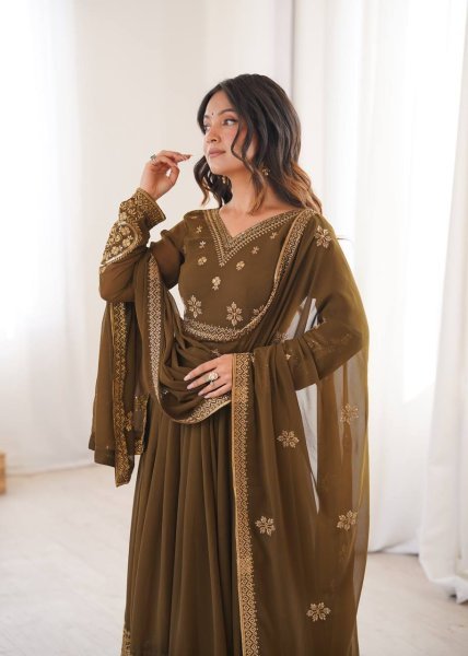 Sleek Brown Designer Faux Georgette Anarkali Suit with Pant and Dupatta for Festival Ready To Wear Collection