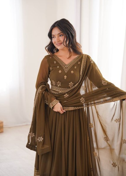 Sleek Brown Designer Faux Georgette Anarkali Suit with Pant and Dupatta for Festival Ready To Wear Collection
