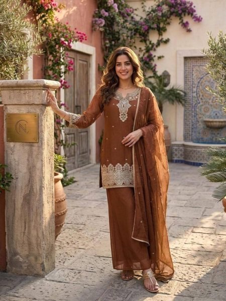 Sleek Brown Embroidered Palazzo Suit for Festive and Wedding Functions for Women 