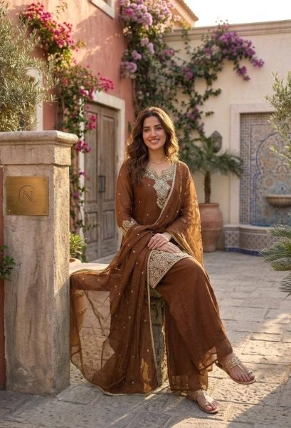 Sleek Brown Embroidered Palazzo Suit for Festive and Wedding Functions for Women Ready To Wear Collection