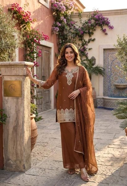 Sleek Brown Embroidered Palazzo Suit for Festive and Wedding Functions for Women Ready To Wear Collection