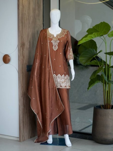 Sleek Brown Embroidered Palazzo Suit for Festive and Wedding Functions for Women Ready To Wear Collection