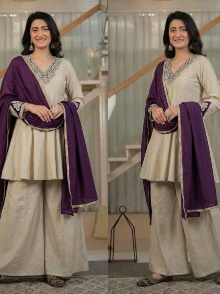 Sleek Cream Roman Silk Sharara Suit with Hand Work and Chinnon Silk Dupatta 