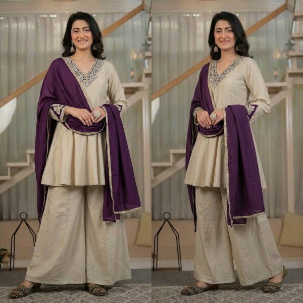 Sleek Cream Roman Silk Sharara Suit with Hand Work and Chinnon Silk Dupatta Ready To Wear Collection
