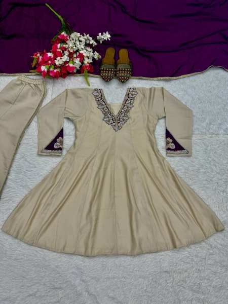 Sleek Cream Roman Silk Sharara Suit with Hand Work and Chinnon Silk Dupatta Ready To Wear Collection