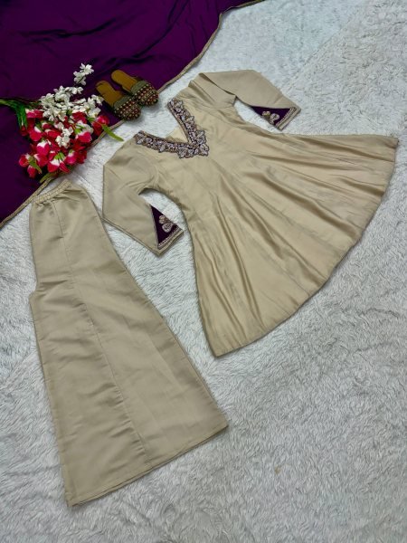 Sleek Cream Roman Silk Sharara Suit with Hand Work and Chinnon Silk Dupatta Ready To Wear Collection