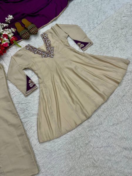 Sleek Cream Roman Silk Sharara Suit with Hand Work and Chinnon Silk Dupatta Ready To Wear Collection
