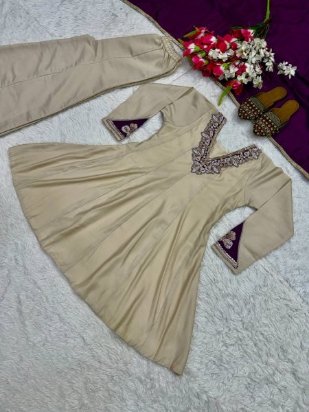 Sleek Cream Roman Silk Sharara Suit with Hand Work and Chinnon Silk Dupatta Ready To Wear Collection