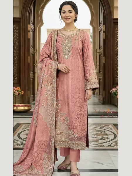 Sleek Dusty Pink Pure Maslin Digital Print Suit Set with Aari and Handwork Design Salwar Kameez