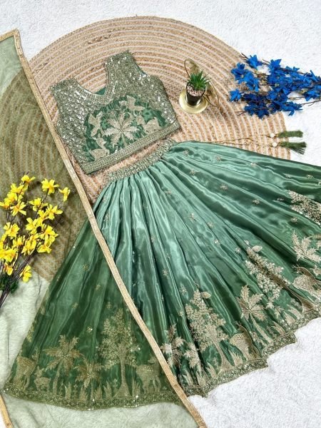 Sleek Green Chinon Silk Wedding Wear Lehenga Choli with Designer Net Dupatta Girls Wear