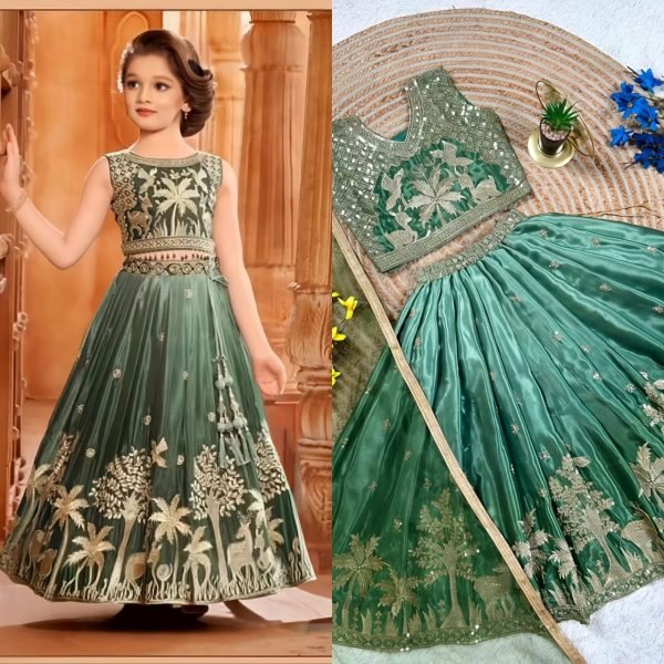 Sleek Green Chinon Silk Wedding Wear Lehenga Choli with Designer Net Dupatta Girls Wear