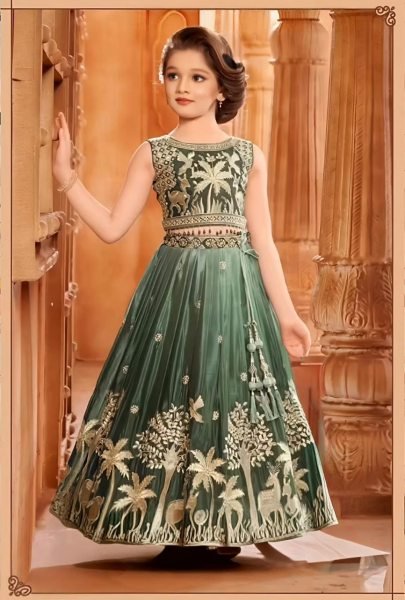 Sleek Green Chinon Silk Wedding Wear Lehenga Choli with Designer Net Dupatta Girls Wear