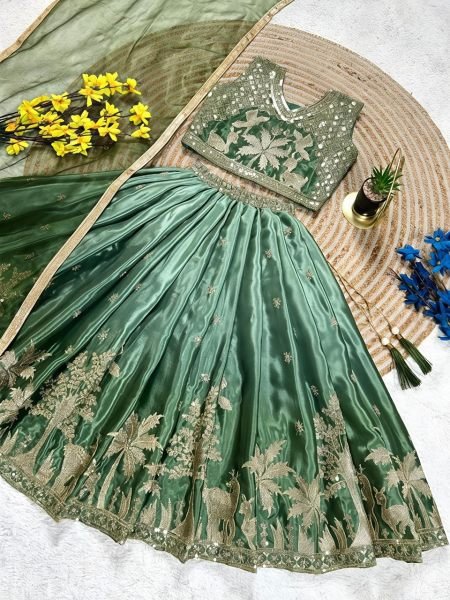 Sleek Green Chinon Silk Wedding Wear Lehenga Choli with Designer Net Dupatta Girls Wear