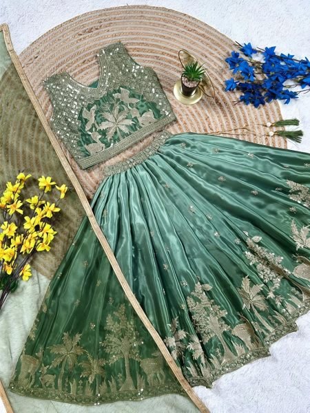 Sleek Green Chinon Silk Wedding Wear Lehenga Choli with Designer Net Dupatta Girls Wear