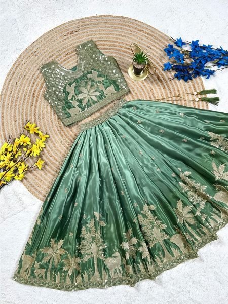 Sleek Green Chinon Silk Wedding Wear Lehenga Choli with Designer Net Dupatta Girls Wear