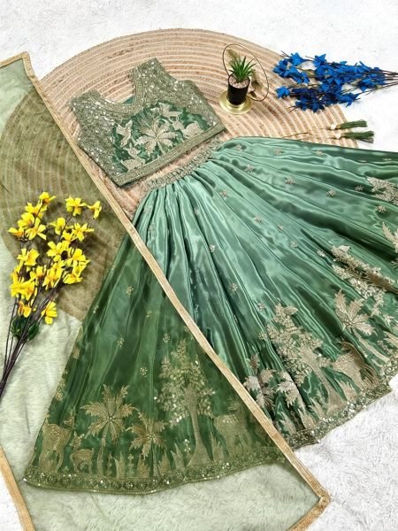 Sleek Green Chinon Silk Wedding Wear Lehenga Choli with Designer Net Dupatta Girls Wear
