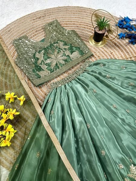 Sleek Green Chinon Silk Wedding Wear Lehenga Choli with Designer Net Dupatta Girls Wear