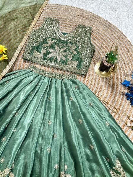 Sleek Green Chinon Silk Wedding Wear Lehenga Choli with Designer Net Dupatta Girls Wear