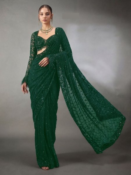 Sleek Green Faux Georgette Sequins Saree with Embroidered Front and Back Blouse Sarees 