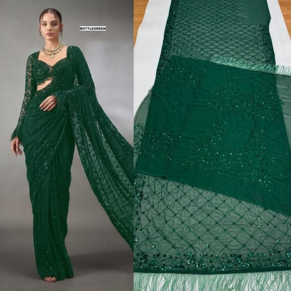 Sleek Green Faux Georgette Sequins Saree with Embroidered Front and Back Blouse Bollywood Fancy Sarees Wholesale