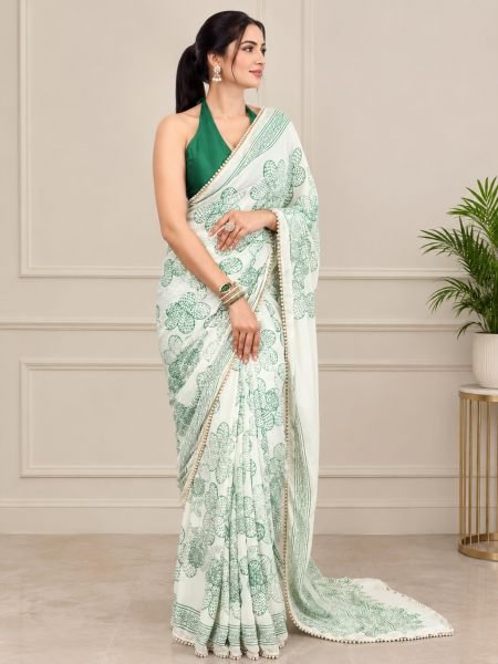Sleek Green Heavy Georgette Silk Printed Saree with Fancy Moti Lace Border at Manufacturer  