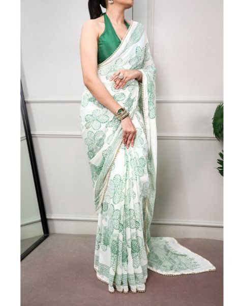 Sleek Green Heavy Georgette Silk Printed Saree with Fancy Moti Lace Border at Manufacturer  Silk Sarees Wholesale