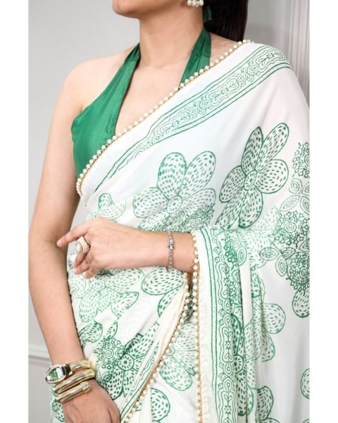 Sleek Green Heavy Georgette Silk Printed Saree with Fancy Moti Lace Border at Manufacturer  Silk Sarees Wholesale
