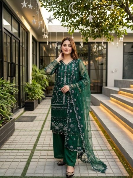 Sleek Green Heavy Soft Net Kurta Palazzo Set with Pearl Embroidery and Dupatta Ready To Wear Suit