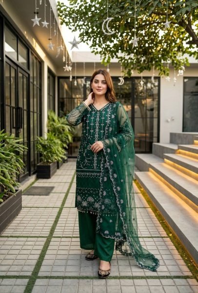 Sleek Green Heavy Soft Net Kurta Palazzo Set with Pearl Embroidery and Dupatta Ready To Wear Collection