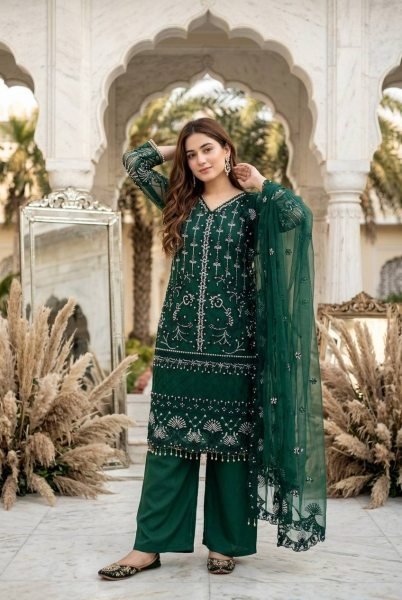 Sleek Green Heavy Soft Net Kurta Palazzo Set with Pearl Embroidery and Dupatta Ready To Wear Collection