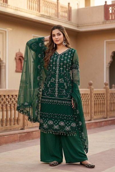 Sleek Green Heavy Soft Net Kurta Palazzo Set with Pearl Embroidery and Dupatta Ready To Wear Collection