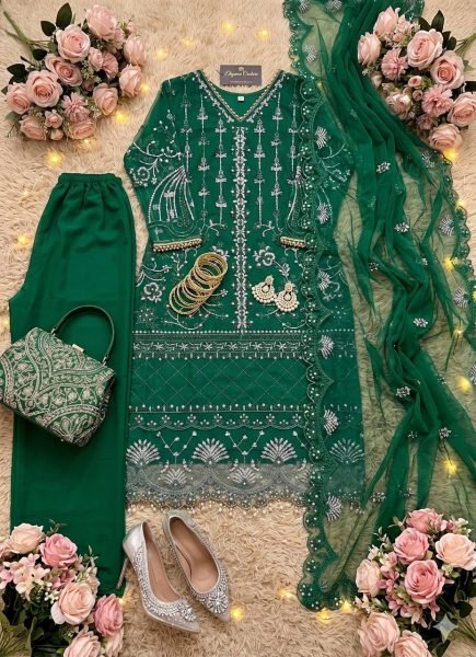Sleek Green Heavy Soft Net Kurta Palazzo Set with Pearl Embroidery and Dupatta Ready To Wear Collection