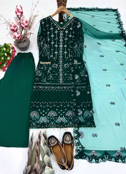Sleek Green Heavy Soft Net Kurta Palazzo Set with Pearl Embroidery and Dupatta Ready To Wear Collection