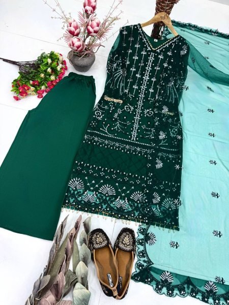 Sleek Green Heavy Soft Net Kurta Palazzo Set with Pearl Embroidery and Dupatta Ready To Wear Collection